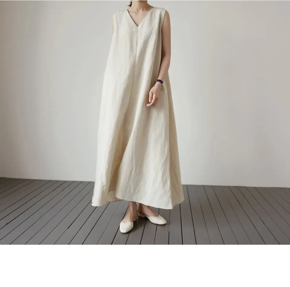2022 Sleeveless V-Neck Linen Vest Dress Cream — feature 10
