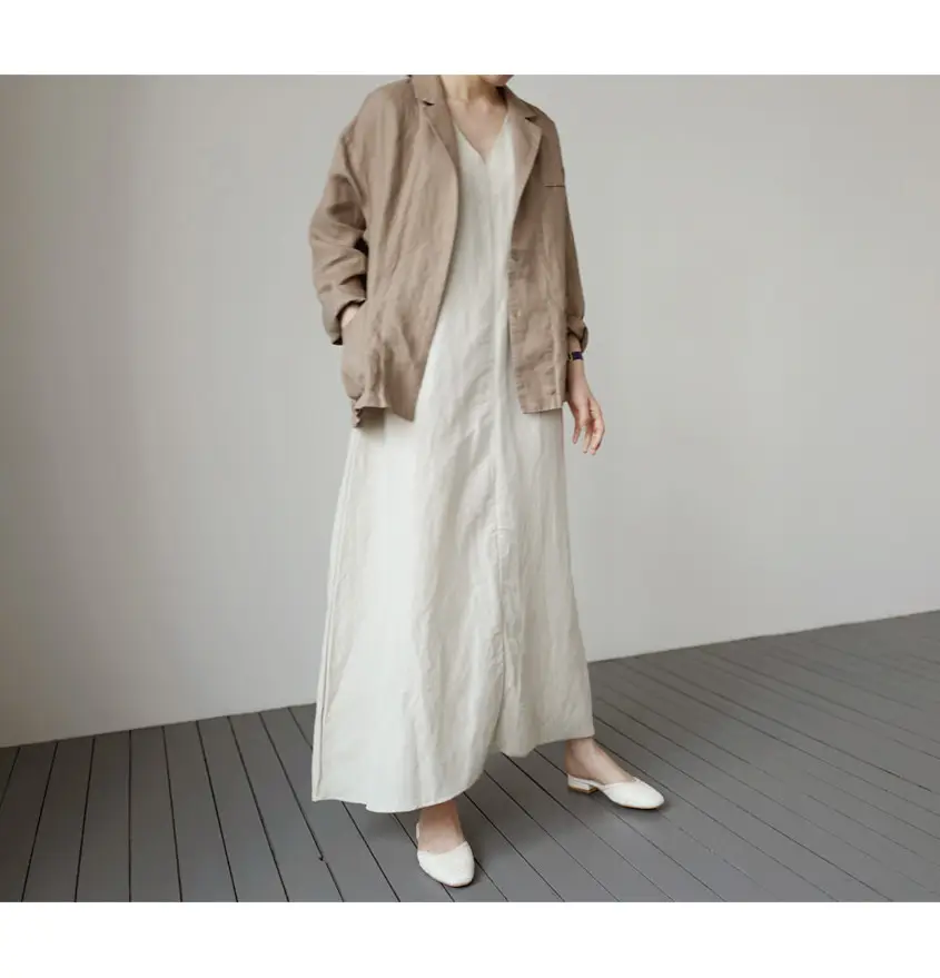 2022 Sleeveless V-Neck Linen Vest Dress Cream — feature 6