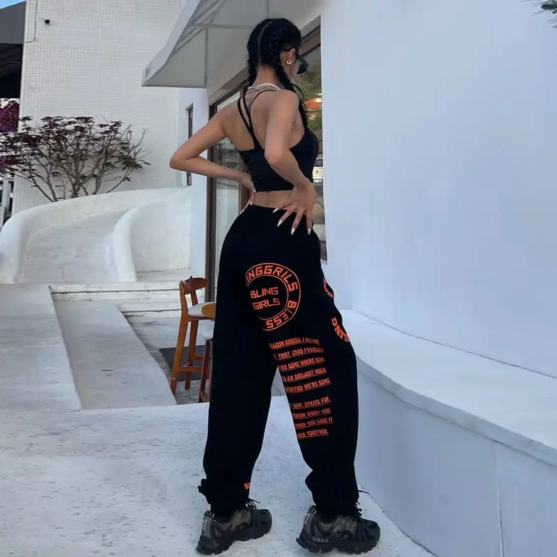 Women Hip-hop Printed Pants Black Loose Leg-toe