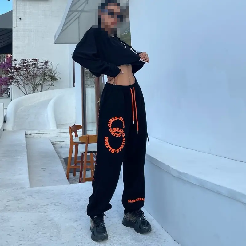 Women Hip-hop Printed Pants Black Loose Leg-toe