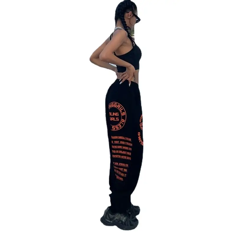 Women Hip-hop Printed Pants Black Loose Leg-toe