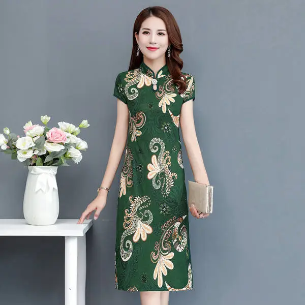 Middle-aged Mom Printed Slim Fit 2022 Dress Green Floral - Image 4