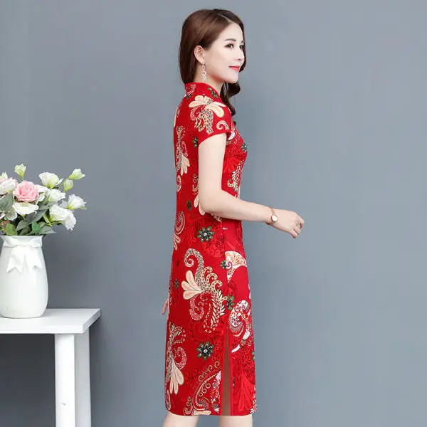 Middle-aged Mom Printed Slim Fit 2022 Dress Green Floral - Image 5