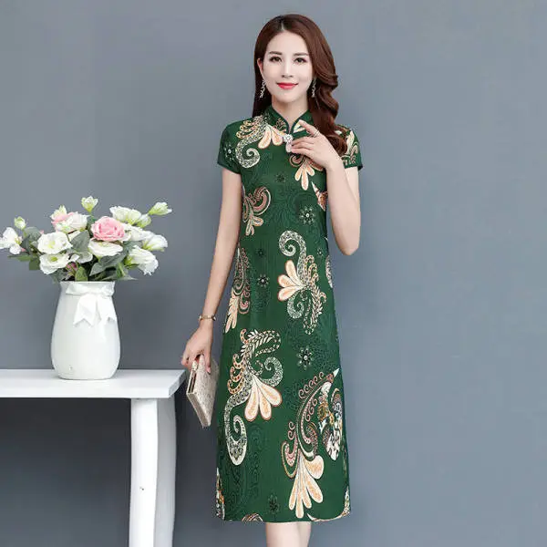 Middle-aged Mom Printed Slim Fit 2022 Dress Green Floral - Image 6