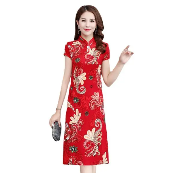 Middle-aged Mom Printed Slim Fit 2022 Dress Green Floral - Image 7
