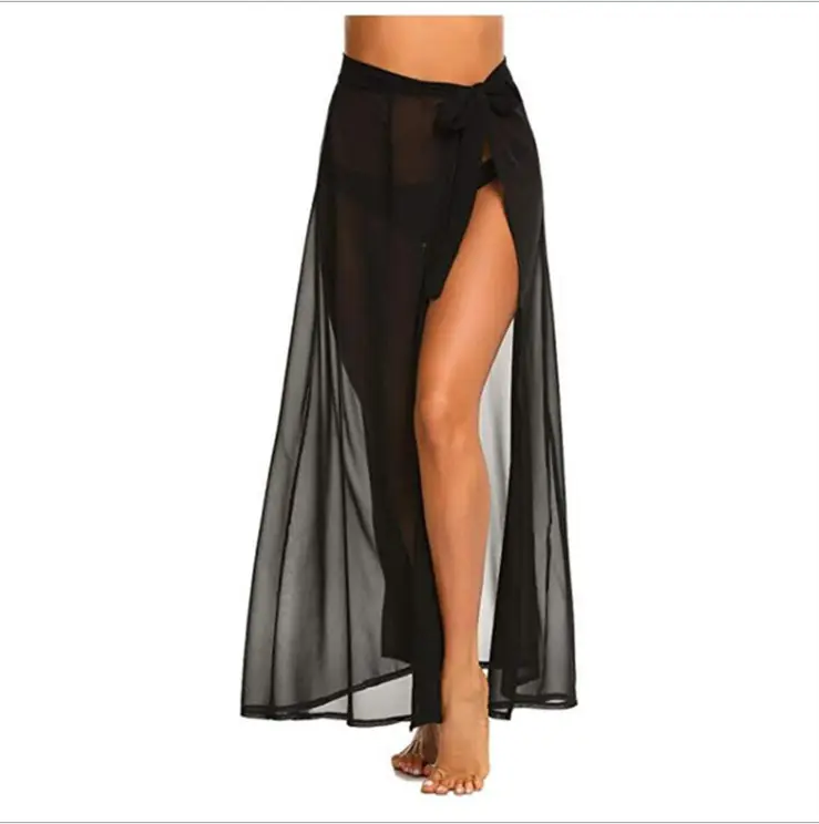 Black Chiffon Lace-up Split Skirt for Women - Image 2