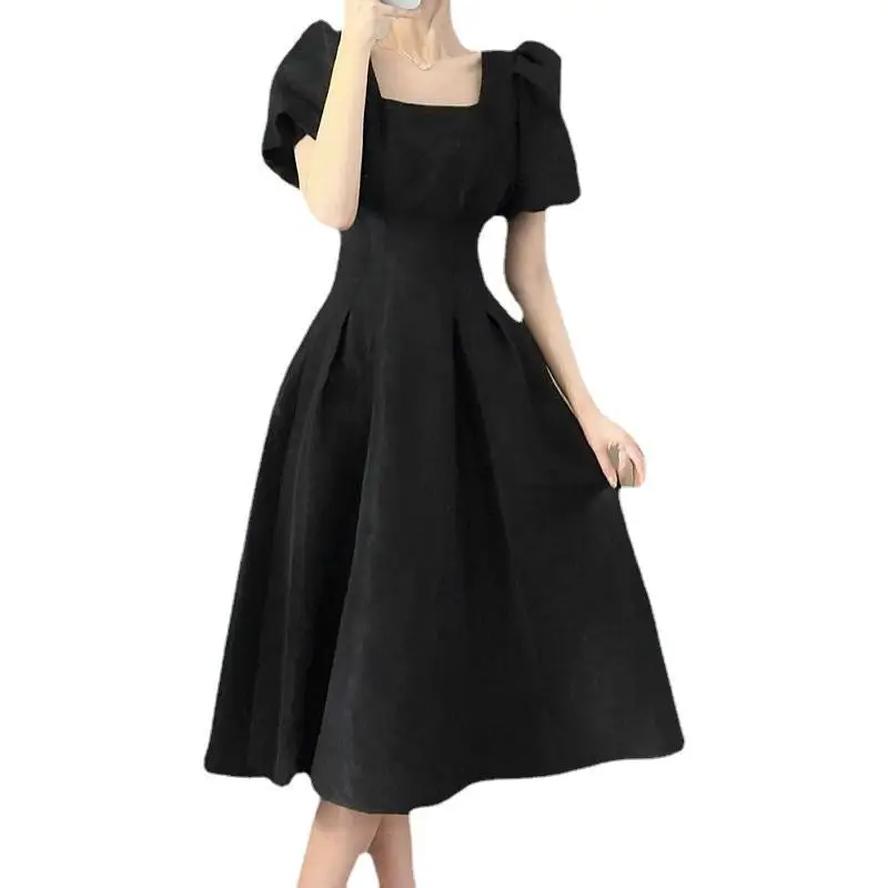 Black Square Neck Long Skirt Dress for Women - Image 17