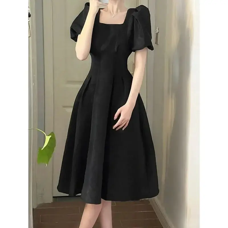 Black Square Neck Long Skirt Dress for Women - Image 8