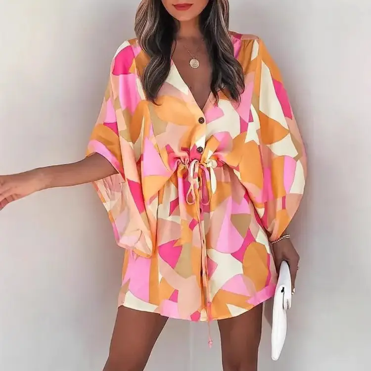 2023 Flying Sleeve A-Line Skirt Dress Pink Orange Geometric Print