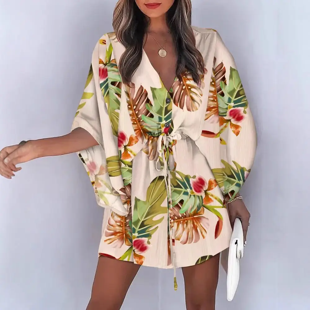 2023 Flying Sleeve A-Line Skirt Dress Pink Orange Geometric Print