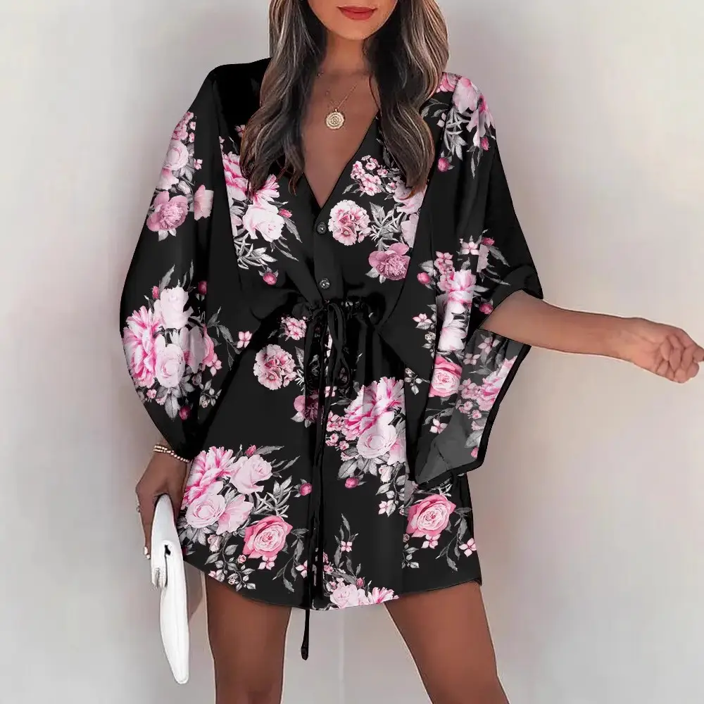 2023 Flying Sleeve A-Line Skirt Dress Pink Orange Geometric Print