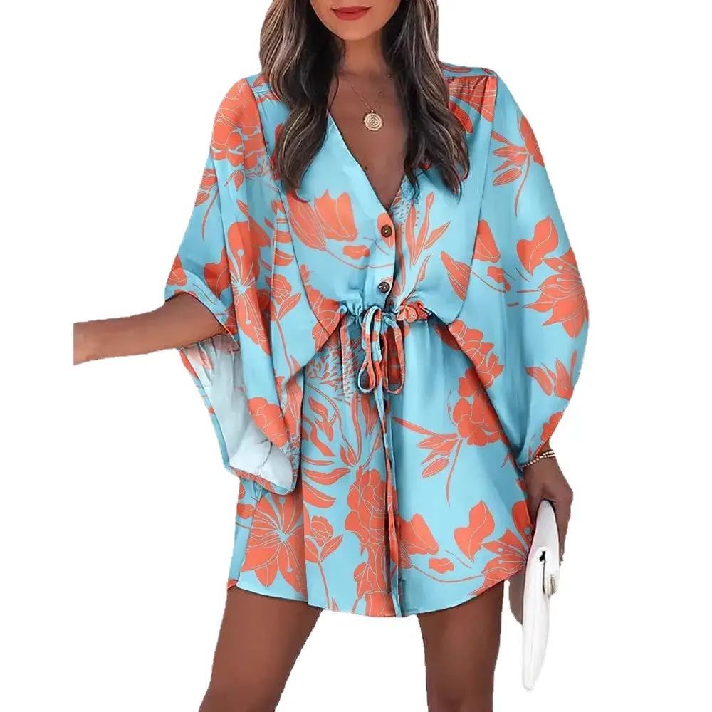 2023 Flying Sleeve A-Line Skirt Dress Pink Orange Geometric Print