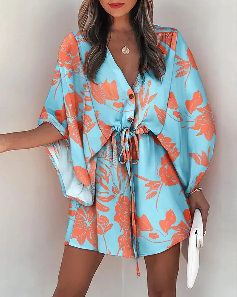 2023 Flying Sleeve A-Line Skirt Dress Pink Orange Geometric Print
