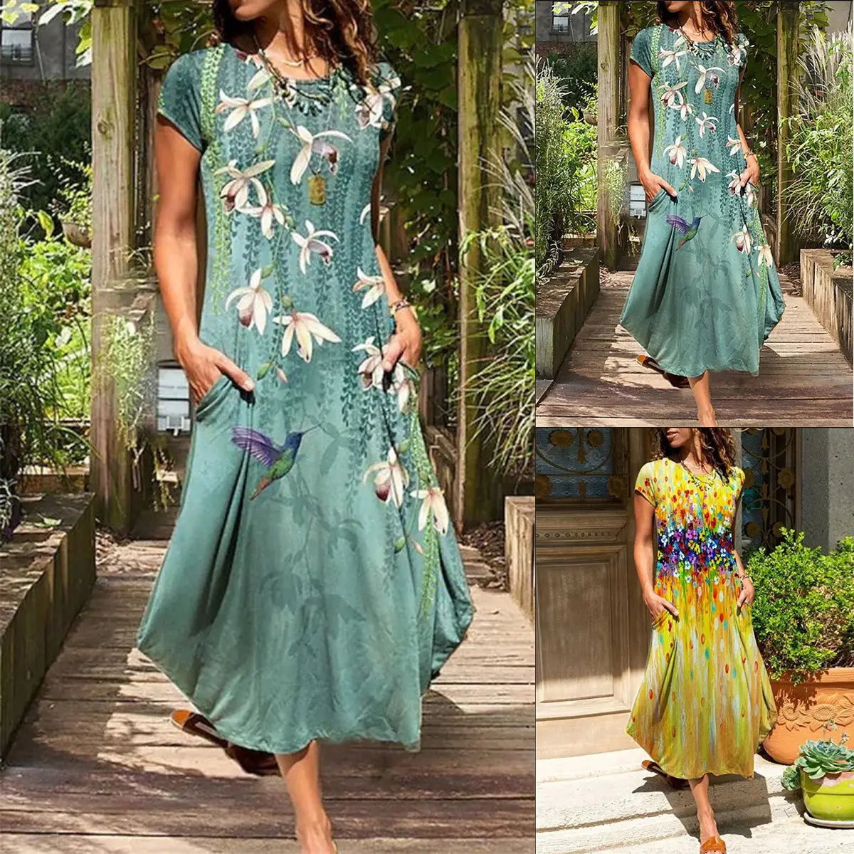2024 Colorful Women's Maxi Dress Round Neck Casual Short Sleeve - Image 3