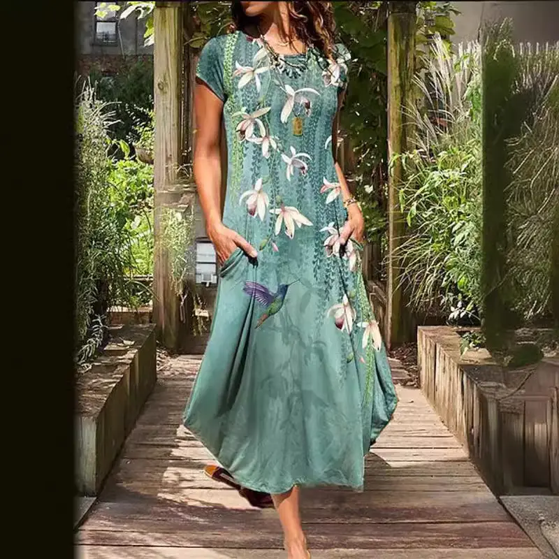 2024 Colorful Women's Maxi Dress Round Neck Casual Short Sleeve - Image 4