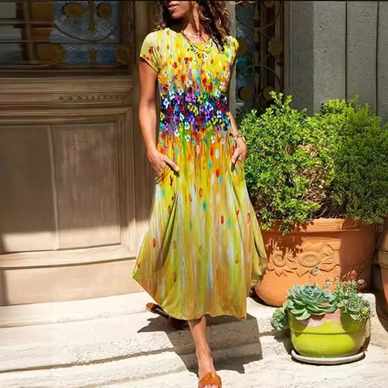 2024 Colorful Women's Maxi Dress Round Neck Casual Short Sleeve - Image 5