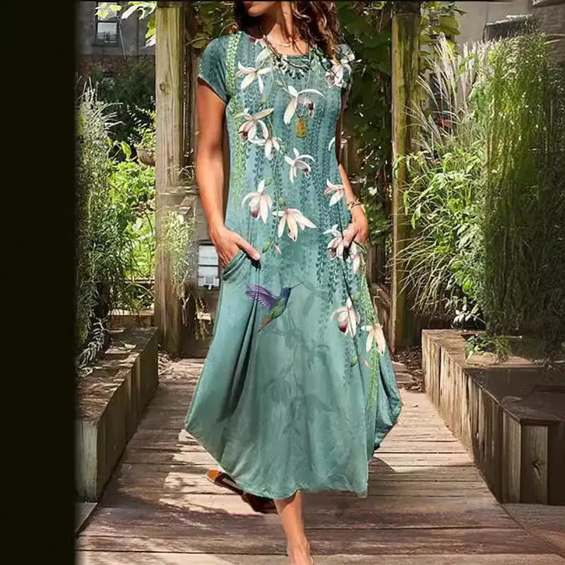 2024 Colorful Women's Maxi Dress Round Neck Casual Short Sleeve - Image 6
