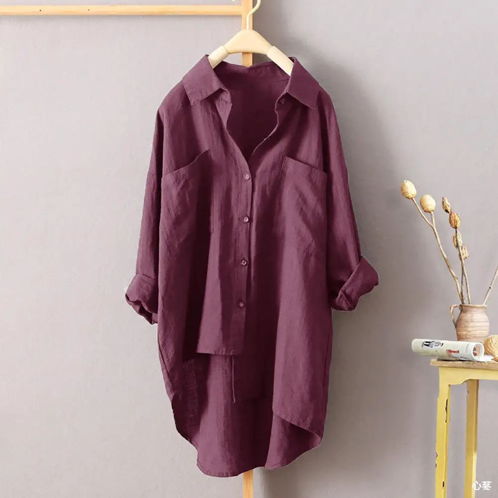 Women's White Cotton Linen Button Shirt Double Pocket Long Sleeve - Image 9