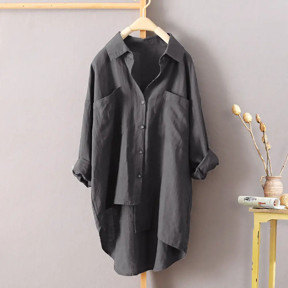 Women's White Cotton Linen Button Shirt Double Pocket Long Sleeve - Image 3