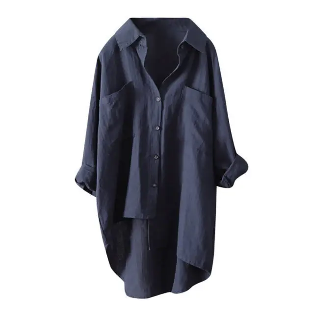 Women's White Cotton Linen Button Shirt Double Pocket Long Sleeve - Image 7