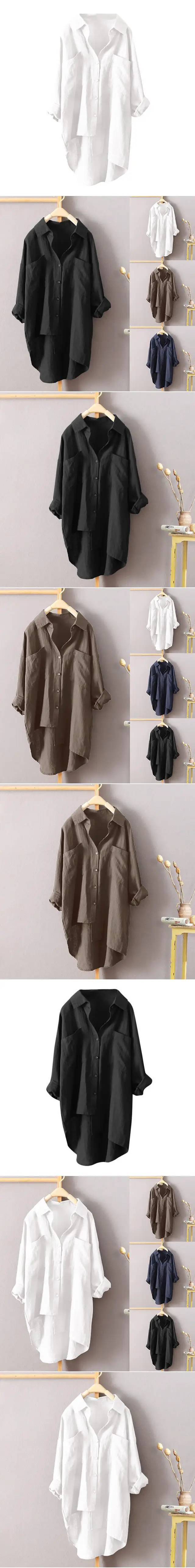 Women's White Cotton Linen Button Shirt Double Pocket Long Sleeve — feature 1