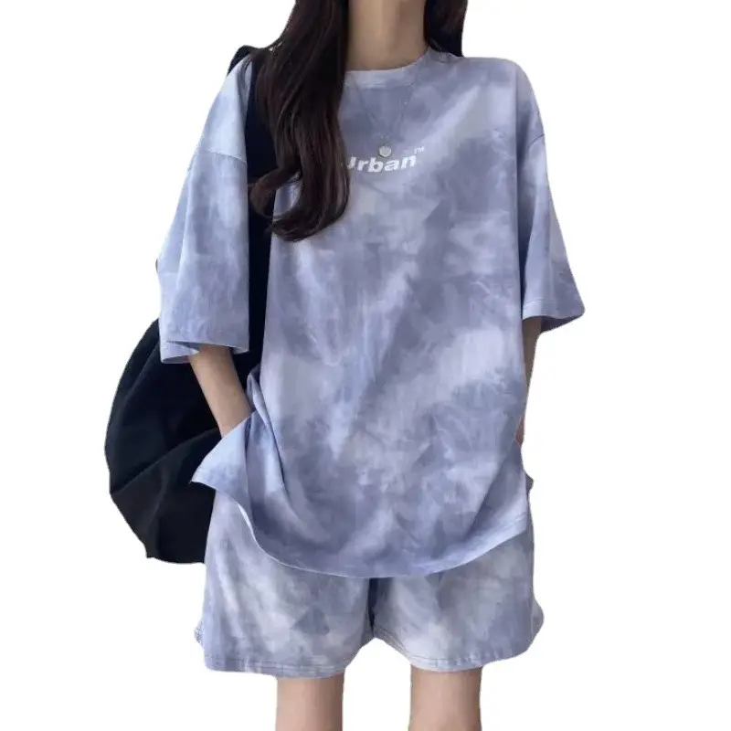 Women Grey Tie-Dye 2-Piece Shorts Set Summer