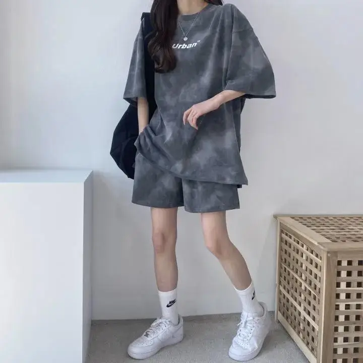 Women Grey Tie-Dye 2-Piece Shorts Set Summer — feature 14