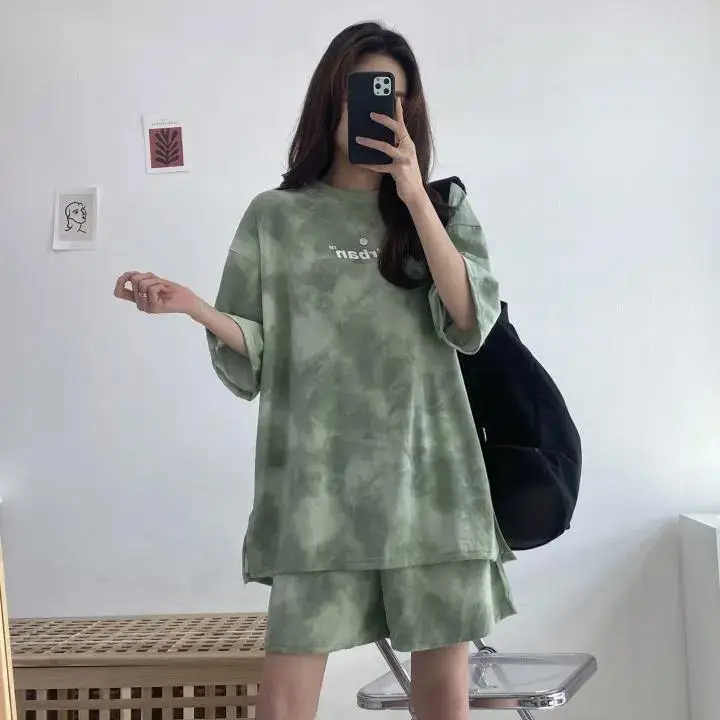 Women Grey Tie-Dye 2-Piece Shorts Set Summer — feature 15