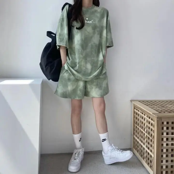 Women Grey Tie-Dye 2-Piece Shorts Set Summer — feature 17