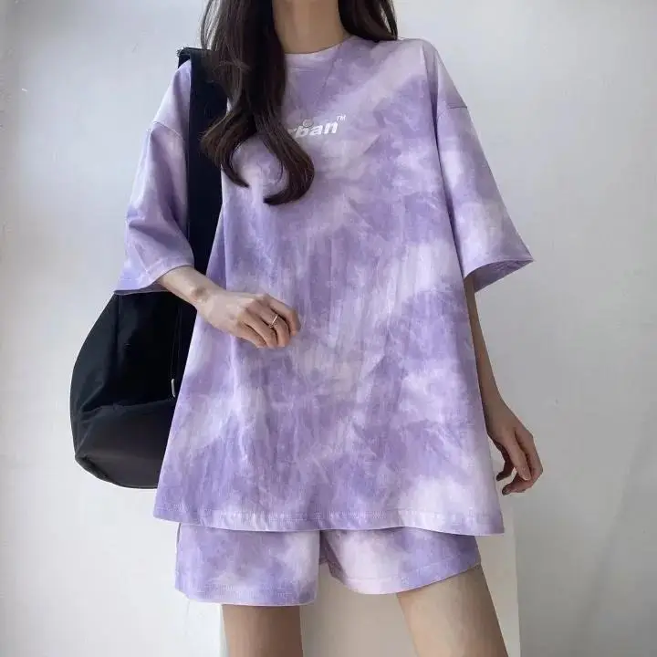 Women Grey Tie-Dye 2-Piece Shorts Set Summer — feature 19