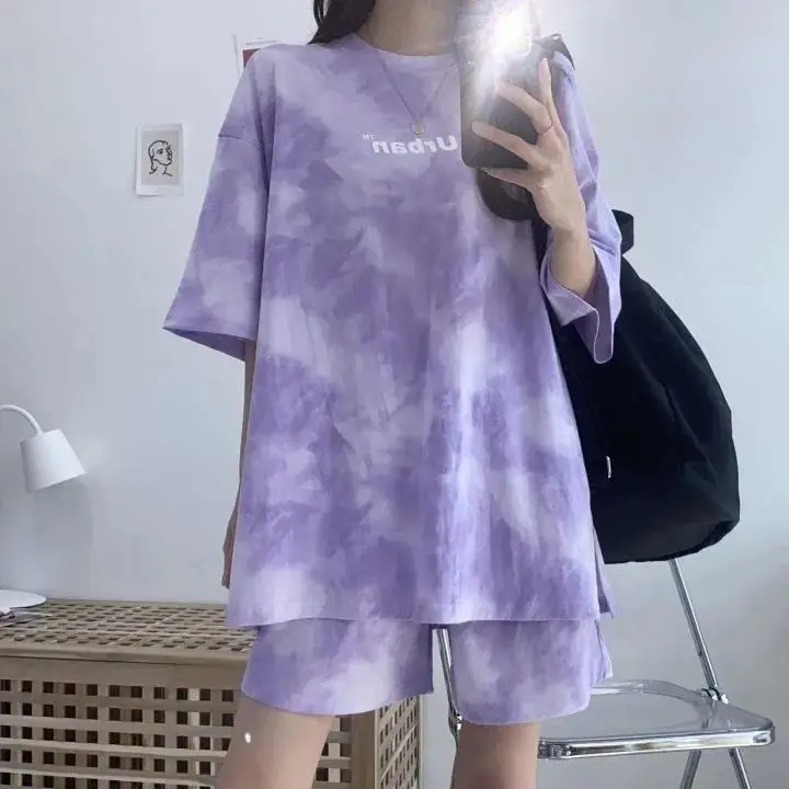 Women Grey Tie-Dye 2-Piece Shorts Set Summer — feature 21