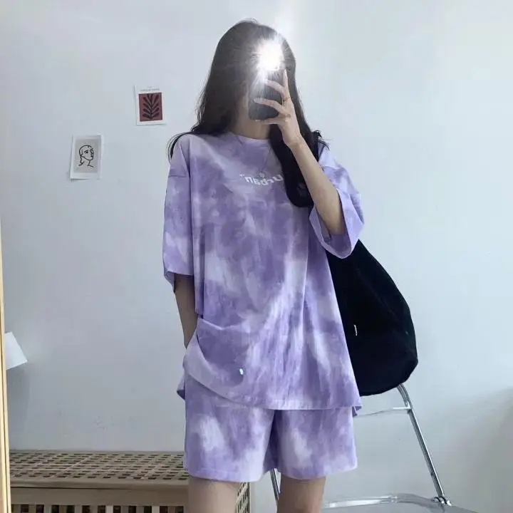 Women Grey Tie-Dye 2-Piece Shorts Set Summer — feature 24