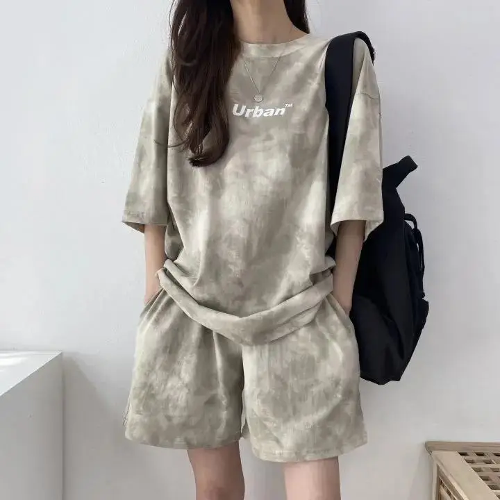 Women Grey Tie-Dye 2-Piece Shorts Set Summer — feature 26