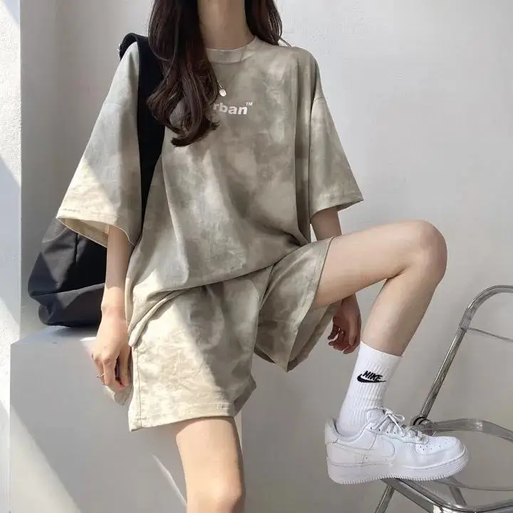 Women Grey Tie-Dye 2-Piece Shorts Set Summer — feature 28
