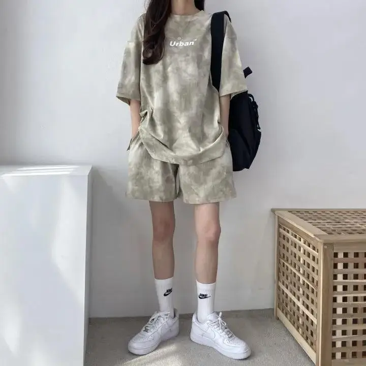 Women Grey Tie-Dye 2-Piece Shorts Set Summer — feature 29