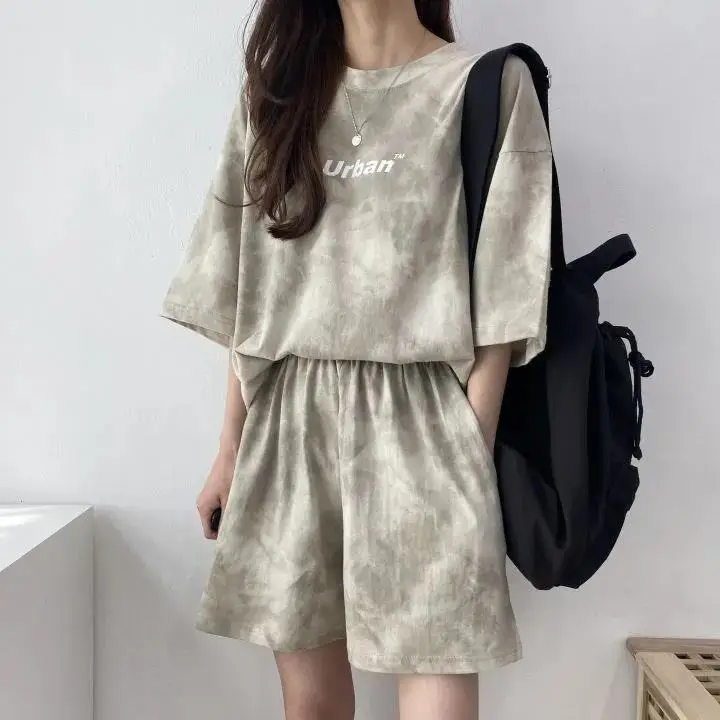 Women Grey Tie-Dye 2-Piece Shorts Set Summer — feature 31
