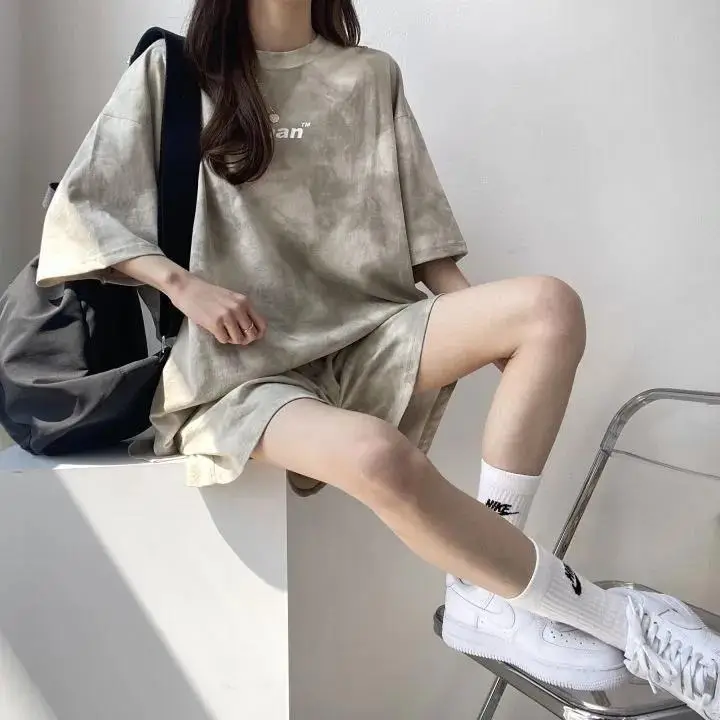 Women Grey Tie-Dye 2-Piece Shorts Set Summer — feature 32