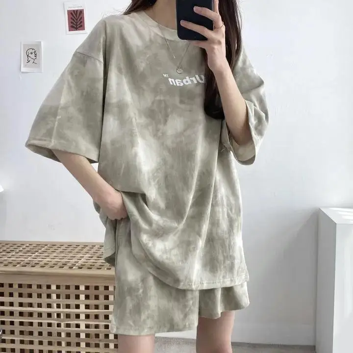 Women Grey Tie-Dye 2-Piece Shorts Set Summer — feature 33