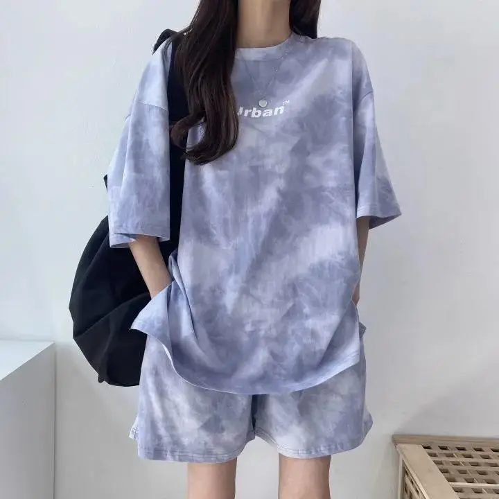 Women Grey Tie-Dye 2-Piece Shorts Set Summer — feature 35