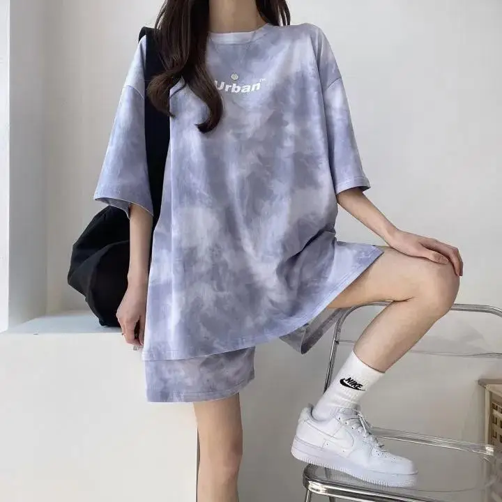 Women Grey Tie-Dye 2-Piece Shorts Set Summer — feature 36