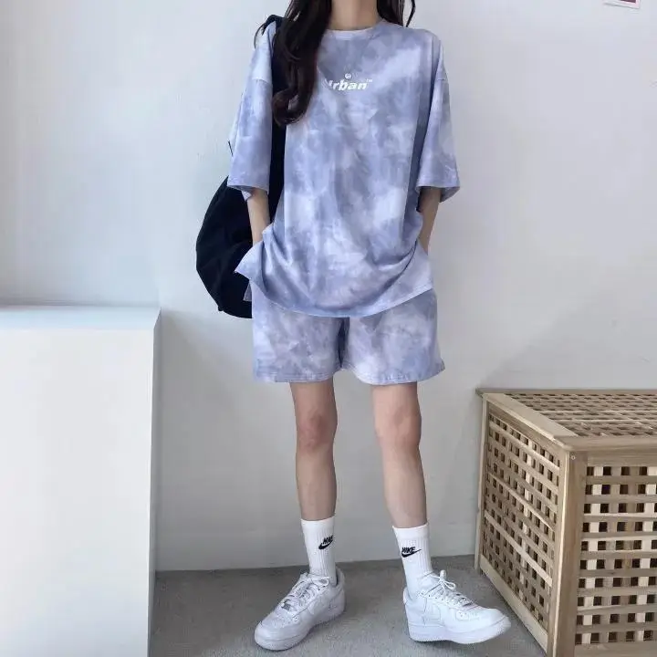 Women Grey Tie-Dye 2-Piece Shorts Set Summer — feature 37