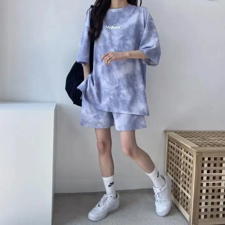 Women Grey Tie-Dye 2-Piece Shorts Set Summer — feature 38