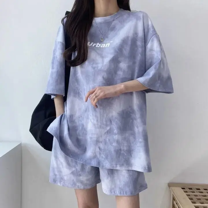 Women Grey Tie-Dye 2-Piece Shorts Set Summer — feature 39