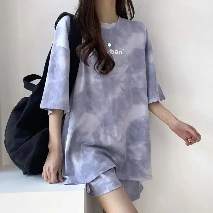 Women Grey Tie-Dye 2-Piece Shorts Set Summer — feature 40