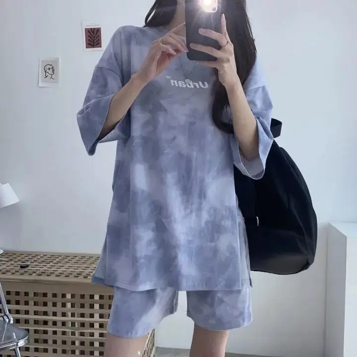 Women Grey Tie-Dye 2-Piece Shorts Set Summer — feature 42