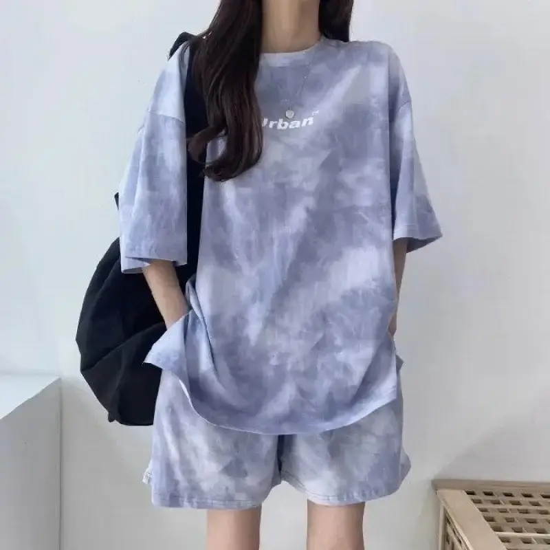 Women Grey Tie-Dye 2-Piece Shorts Set Summer