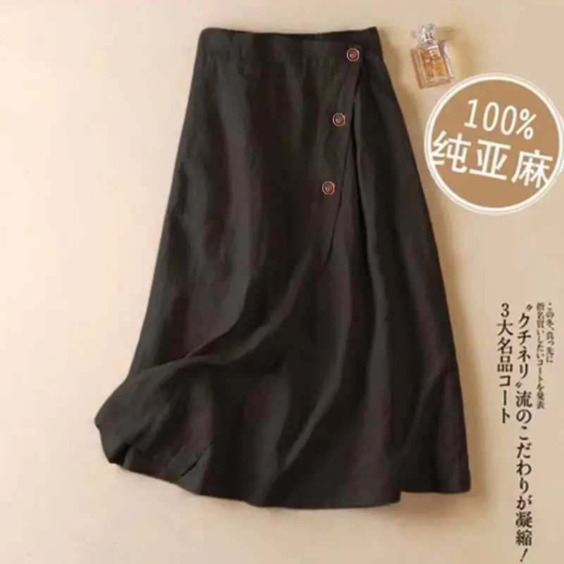 Women Cotton Linen Skirt White Button Front Large — feature 3
