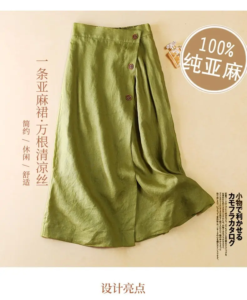 Women Cotton Linen Skirt White Button Front Large — feature 4
