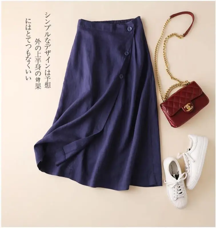 Women Cotton Linen Skirt White Button Front Large - Image 6