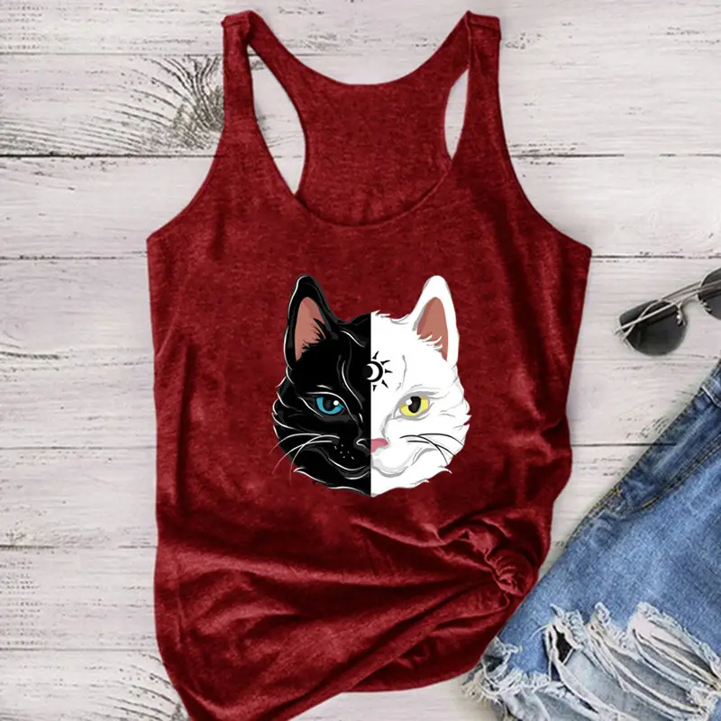 Women Sleeveless Cat Print Vest Maroon - Image 5